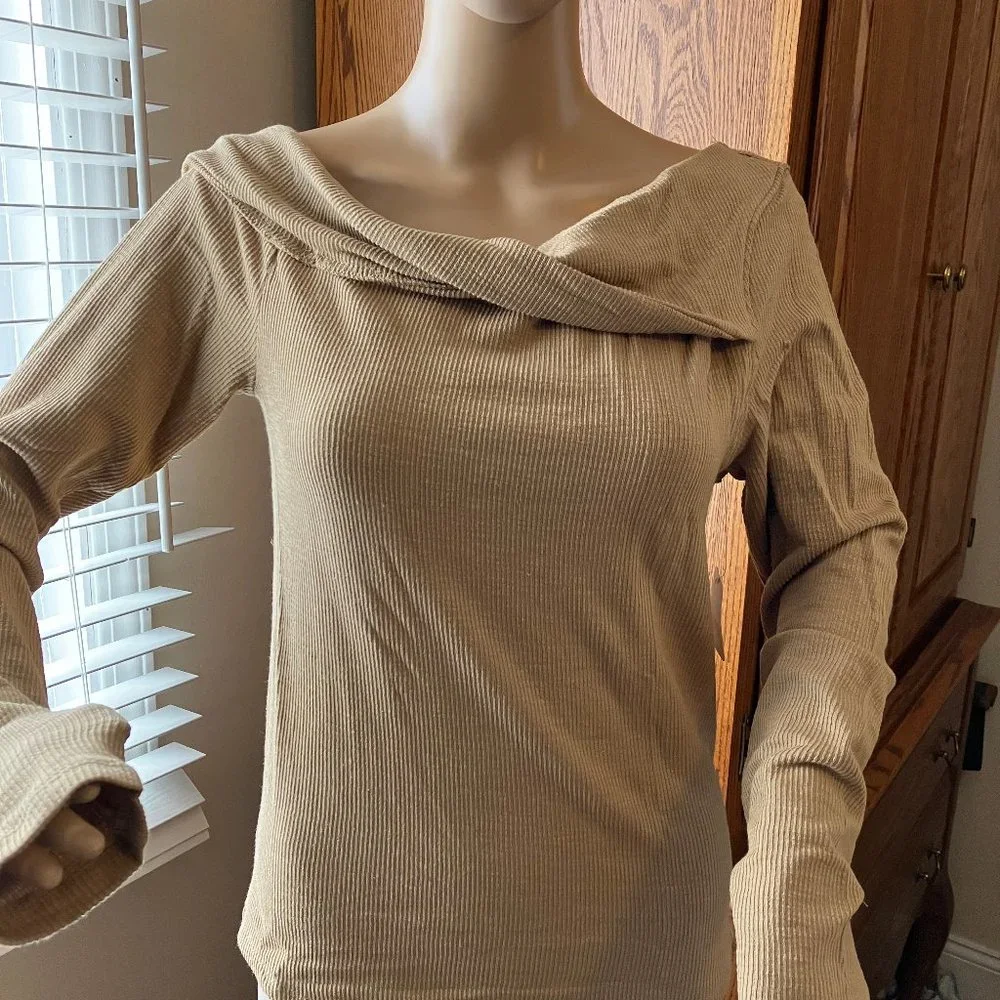 Free People Addie Top - Long Sleeve Off-Shoulder Ribbed Top in Tan